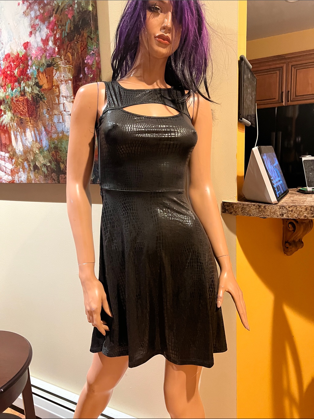 Black Textured Cutout Fit-And-Flare Dress Xs Slinky Stretchy Shiny Nwot